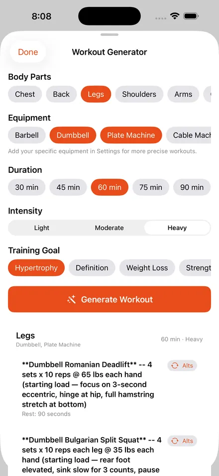 Workout generator: body parts, equipment, intensity and training goal