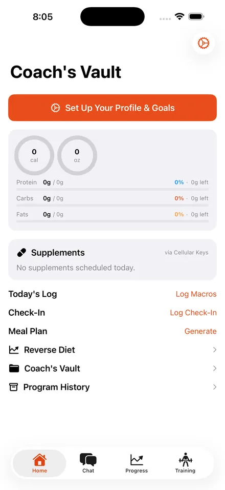 Coach's Vault home dashboard showing macros, supplements, and daily log
