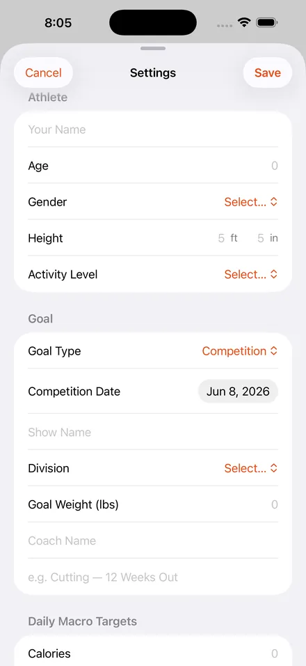 Athlete profile setup