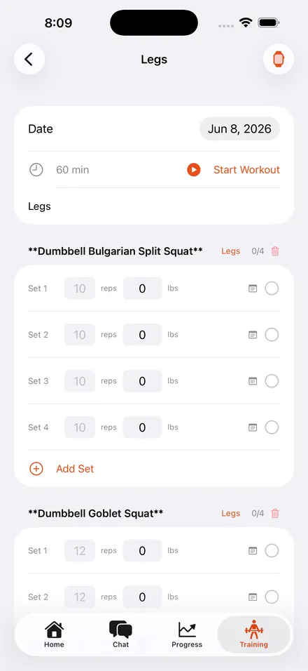 Active workout session with sets, reps and load entry