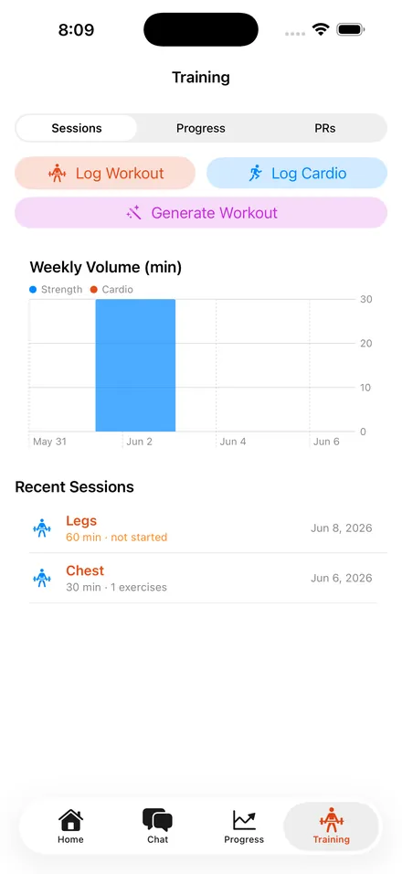 Training tab showing weekly training volume chart and recent sessions